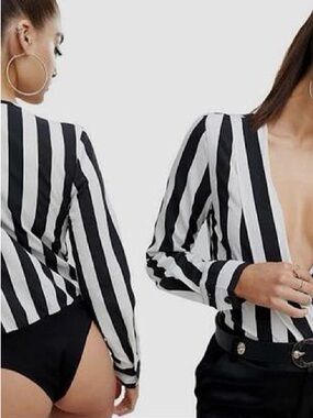 Pretty Little Thing Striped Black & White Long-Sleeve Deep V-Neck Bodysuit